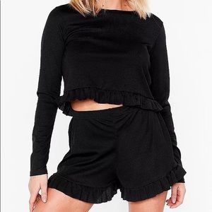 NWT Nasty Gal Ruffle Trim ribbed wildfox black Pajama lounge Shorts Set XS 0 2